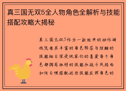 真三国无双5全人物角色全解析与技能搭配攻略大揭秘